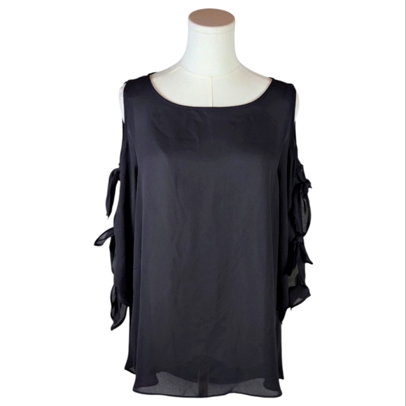 BOLD Elements Black Sheer Cold Shoulder Top w/ Bows Women’s Blouse Size M - Picture 1 of 8